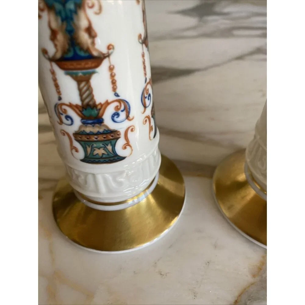 Vintage Ceramic Candle Holders With Gold Accents & Ornate Multicolor Design 2-Pi